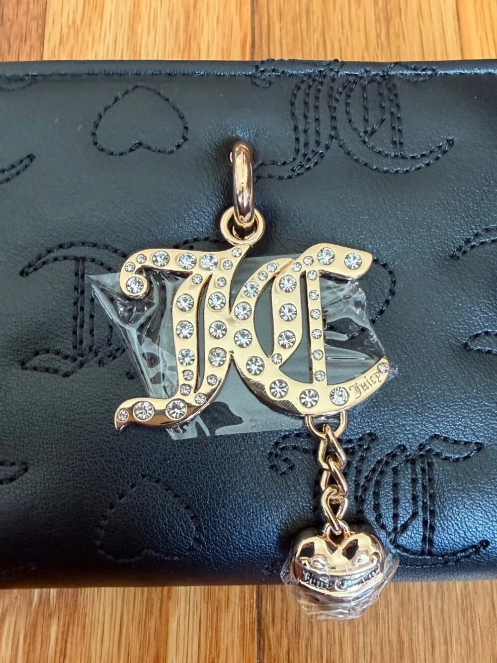 Juicy Couture Black Embossed Wallet Rhinestone JC Charm NWT